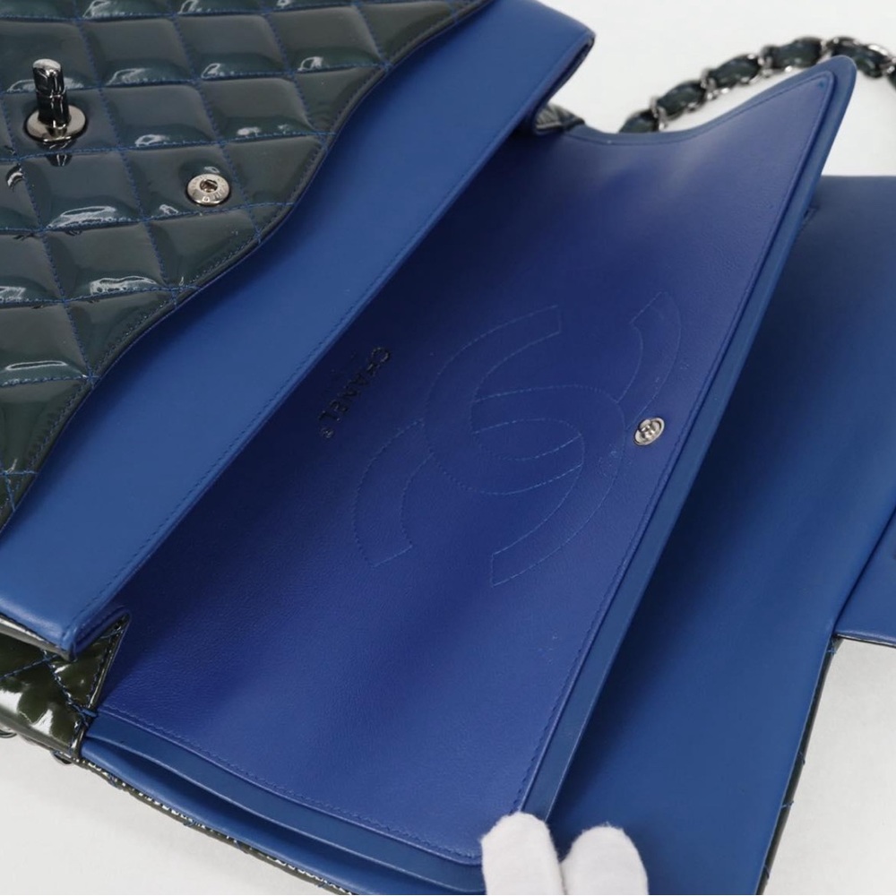 CHANEL Jumbo Double flap Matelasse Chain Bag Patent Leather 2way Blue Silver - Picture 7 of 16